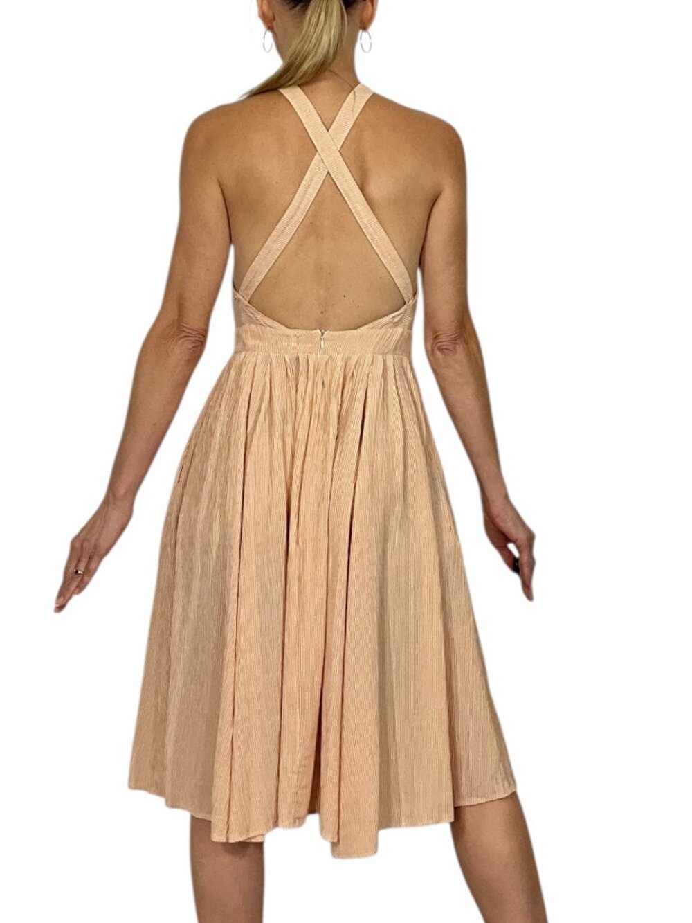 Christy Dawn Arrow Dress S Orange Striped Halter Midi Pockets - Picture 3 of 16